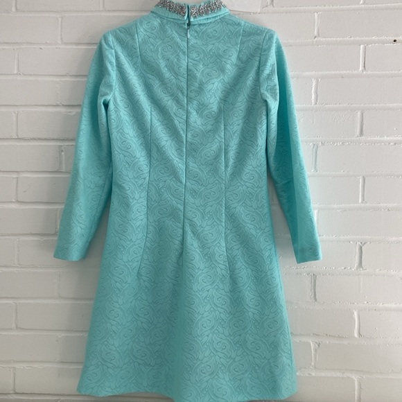 Womens Classic Vintage Seafoam Green Silver Trim Festive High Neck Dress Size 8 - Picture 2 of 9